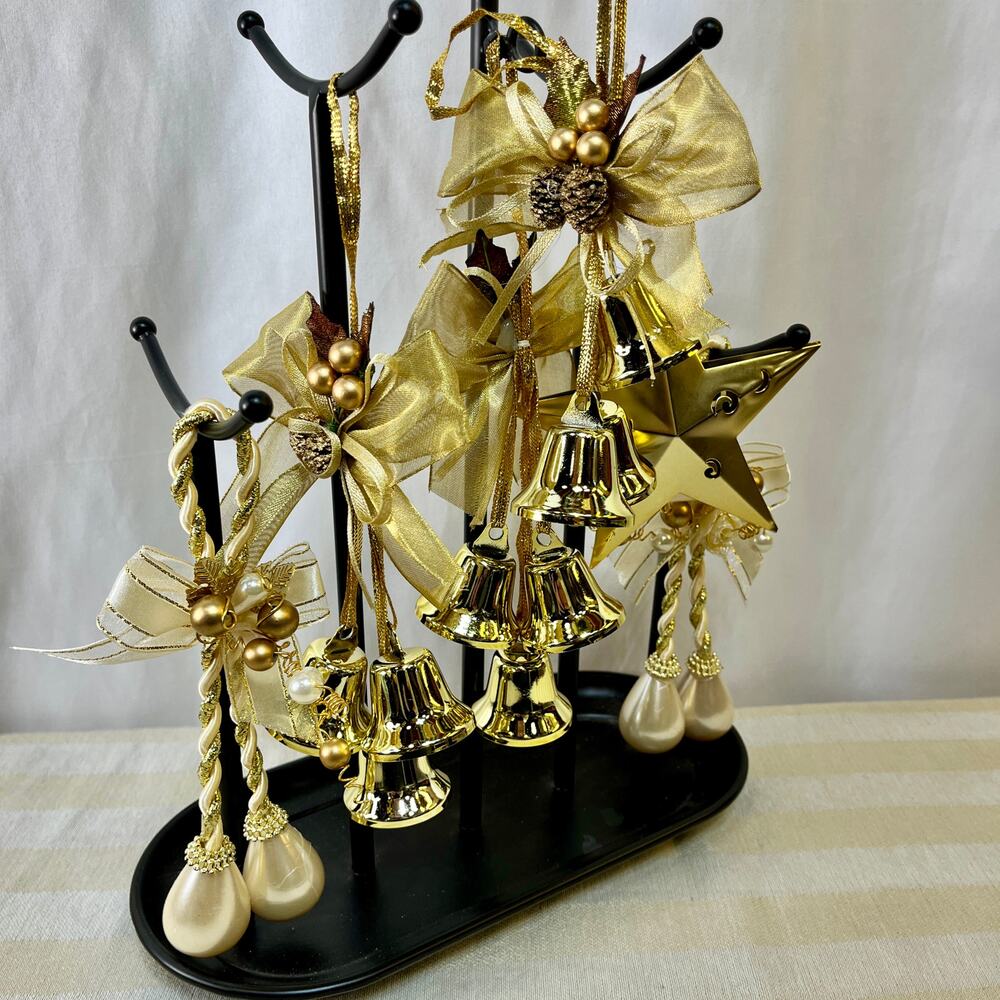 Christmas Decor Lot of 6 Ribbons Bauble Gold Tone Cream Plastic Bells Metal Star
